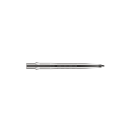 Puntas de dardos Mission Caliburn EVO - Ranuradas - Plateadas Auf dem Bild ist eine silberne, gerillte Steeldartspitze zu sehen. Sie ist schmal, lang und hat eine spitze Vorderseite.