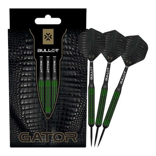Zu sehen sind die Bullet Gator Brass Steeldarts - 22g in voller Ansicht. Sie sind aus Messing gefertigt und wiegen 22 Gramm.