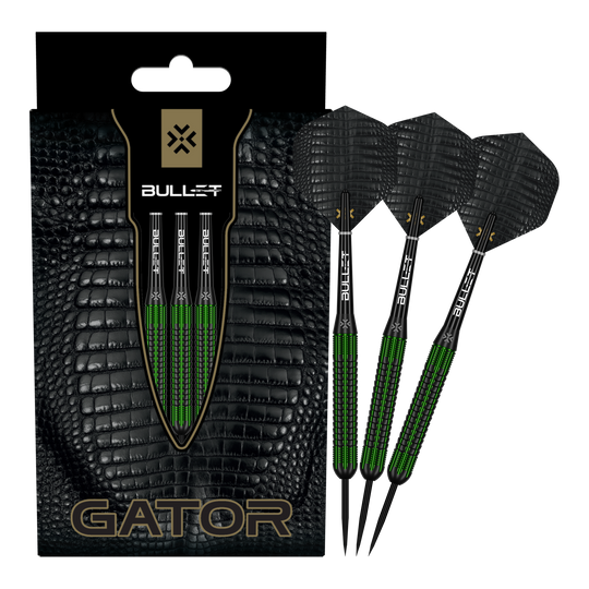 Dardos de acero de latón Bullet Gator - 22 g Zu sehen sind die Bullet Gator Brass Steeldarts - 22g in voller Ansicht. Sie sind aus Messing gefertigt und wiegen 22 Gramm.