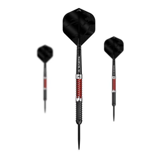 Dardos Mission Llew Bevan de acero electroacústico negro y rojo - 23 g Mission Llew Bevan Black Red Electro Steeldarts - 23g. Set aus schwarzen und roten Steeldarts mit 23 Gramm.