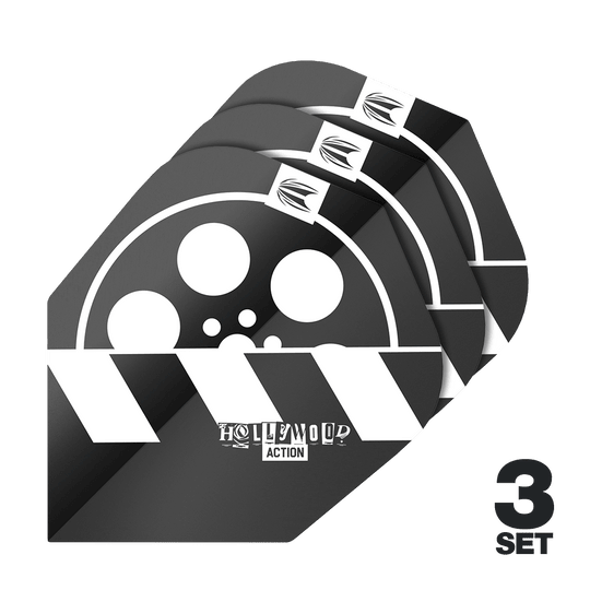 Target Pro Ultra Chris Dobey Hollywood Action No6 Flights - 3 juegos Das Bild zeigt drei Sets der Target Pro Ultra Chris Dobey Hollywood Action No6 Flights. Die Flights haben ein schwarz-weißes Design mit einem Filmrollen- und Klappenmotiv sowie dem Schriftzug "Hollywood Action".
