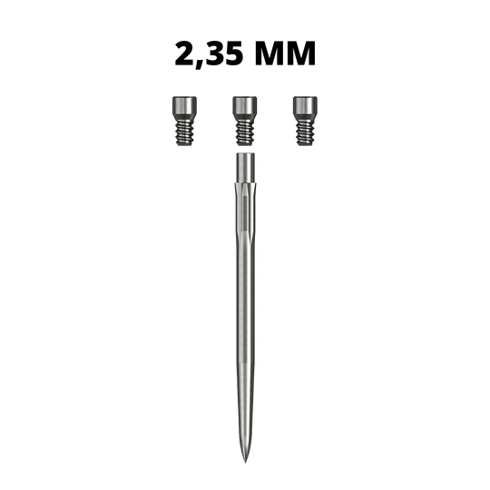 Hier sieht man eine Caliburn Evo System Steeldartspitze Spigot mit einer Länge von 23,5 mm. Die silberne Spitze ist einzeln dargestellt.
