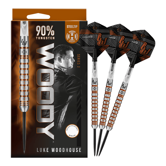 Dardos de acero Luke Woodhouse Serie 2 de Harrow Auf dem Bild sind die Harrows Luke Woodhouse Series 2 Steeldarts zu sehen. Die Verpackung zeigt das Dart-Design sowie ein Porträt von Luke Woodhouse und die Aufschrift "90% Tungsten".