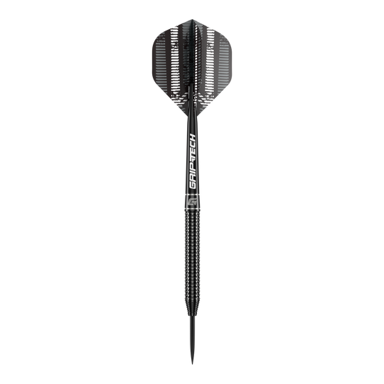 Dardos de acero de tungsteno GOAT Sprocket Das Bild zeigt einen einzelnen GOAT Sprocket Tungsten Steeldart. Der Dart hat ein modernes, schwarzes Design mit dem Schriftzug "GRIPTECH" auf dem Schaft.