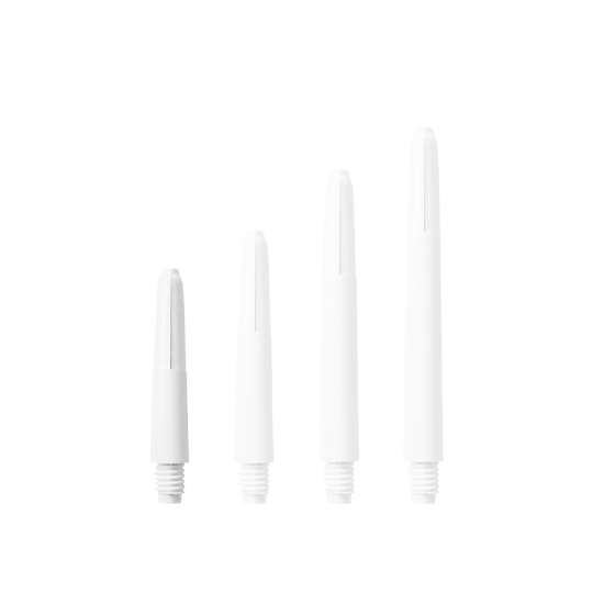 580_Nylon_Shafts_Schneeweiss_28mm_17X1lG3aiJNJlV Das Bild zeigt vier Nylon Shafts in Schneeweiß, die in unterschiedlichen Längen angeordnet sind. Sie haben ein Schraubgewinde an einem Ende.