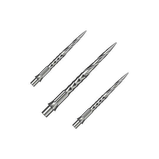Puntas de dardo de acero Caliburn System - Spiro - NoLip - plateadas Ein Set silberner Steeldartspitzen ist auf dem Bild zu sehen. Die Spitzen sind im Spiro NoLip Stil und 30 mm lang.