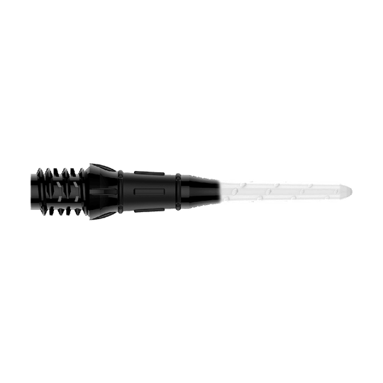 Labios de punta bicolor premium estilo L (paquete de 30) Das Bild zeigt eine schwarze und weiße Dartspitze mit einem zweifarbigen Design. Die linke Seite ist schwarz und die rechte Seite ist weiß.