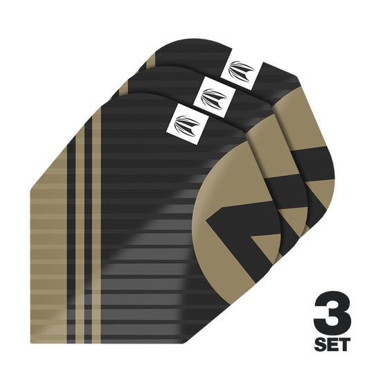 Plumas Target Pro Ultra Chicane Black No6 - 3 juegos Das Bild zeigt die "Target Pro Ultra Chicane Black No6 Flights" in einem schwarz-goldenen Design. Es sind insgesamt 3 Sets der Flights abgebildet.