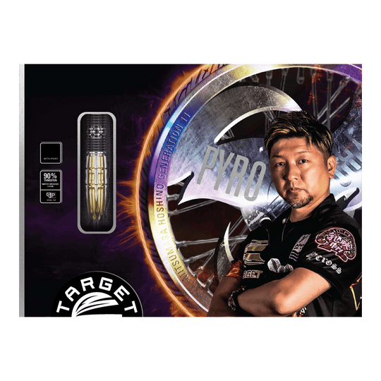 Die Abbildung zeigt die Verpackung der Target Japan Pyro GEN11 Swiss Point Steeldarts – 22g. Auf der Verpackung sind ein Dartpfeil und eine Person neben einem großen "PYRO"-Schriftzug zu sehen.