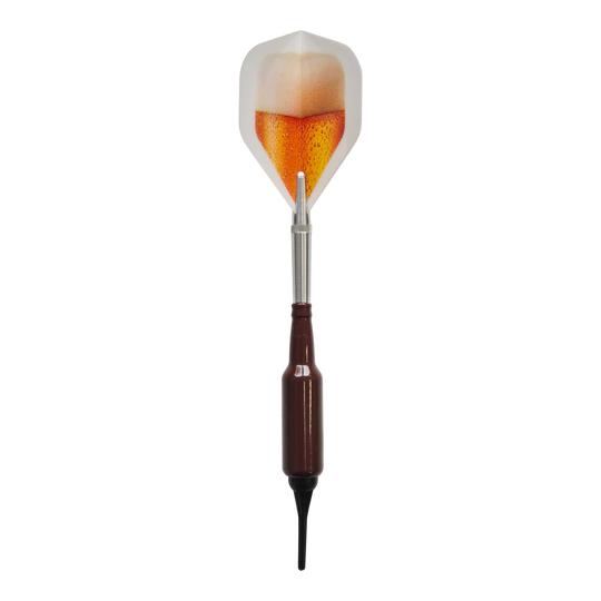 Gezeigt werden die McDart Prost Bierflaschen Softdarts mit 100 Softdartspitzen, 16,5 g. Die Softdarts kombinieren Spaß und Funktion für Dartliebhaber.