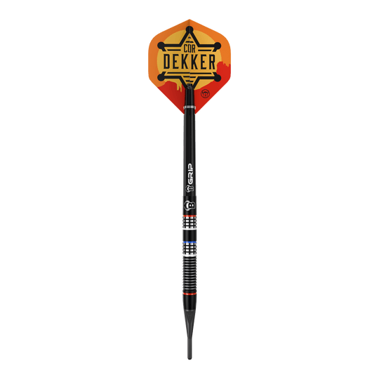 Auf dem Bild ist Bulls Cor Dekker The Sheriff Softdarts - 20g abgebildet. Diese hochwertigen Softdarts sind für elektronische Dartboards geeignet.