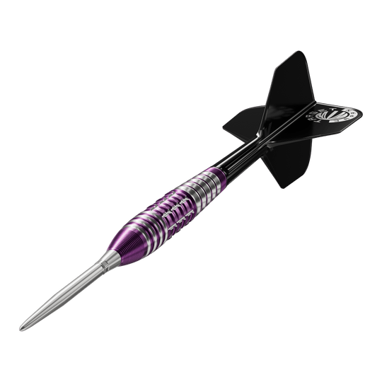 Dardos de acero Target Japan Prime Series Tung Suk Zenith GEN1 Swiss Point - 23 g Dies ist ein Steeldart aus der Target Japan Prime Serie in der Ausführung "Tung Suk Zenith GEN1 Swiss Point" mit 23g Gewicht. Der Dart hat ein auffälliges Design mit lila und silbernen Ringen und schwarzen Flights.