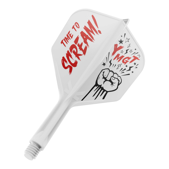 Sistema de eje de vuelo Target Japan K-Flex Scream No6 Das Bild zeigt eine Dartflügel- und Schaftkombination in Weiß mit roter und schwarzer Beschriftung. Auf dem Flügel steht "TIME TO SCREAM!" zusammen mit einer gezeichneten Faust und einigen Sternen.