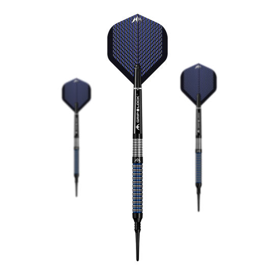 dardos blandos Mission Nightfall Modelo 1 Das Bild zeigt drei Softdarts des Modells "Mission Nightfall Model 1". Die Darts haben schwarze Spitzen, blaue Flügel und einen silber-blau gestreiften Griff.