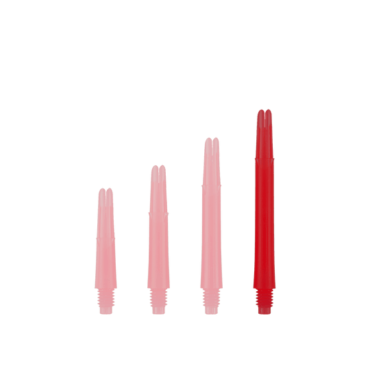 Das Bild zeigt vier rote, gerade Dart-Schäfte in unterschiedlichen Längen. Sie sind aufrecht und nebeneinander aufgereiht, ohne Kappen.
