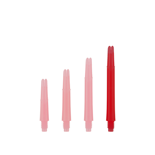 Ejes en L bloqueados rectos estilo L - Rojo Das Bild zeigt vier rote, gerade Dart-Schäfte in unterschiedlichen Längen. Sie sind aufrecht und nebeneinander aufgereiht, ohne Kappen.