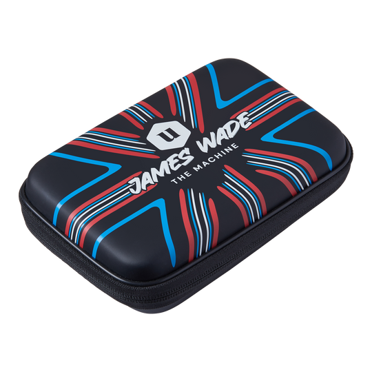 Cartera de dardos Unicorn Ultra James Wade Das Bild zeigt ein Dartwallet mit dem Aufdruck "James Wade The Machine". Das Etui ist schwarz mit roten, blauen und weißen Designelementen.