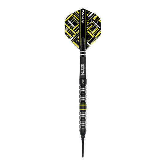 Dardos blandos paralelos Red Dragon Astraeus Q4X - 20 g Das Bild zeigt einen Red Dragon Astraeus Q4X Parallel Softdart mit einem Gewicht von 20g. Der Dart hat schwarze und gelbe Designelemente und eine strukturierte Griffzone.