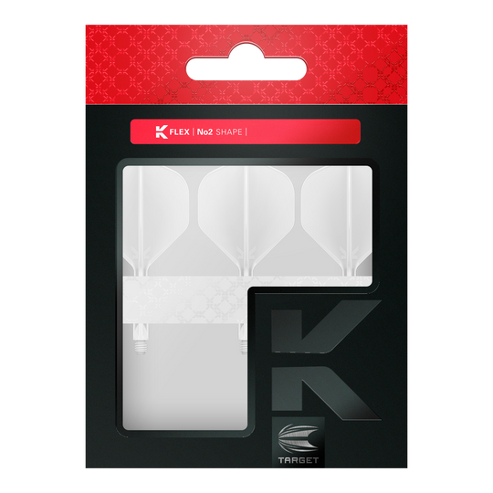 Sistema de vuelo estándar Target K-Flex No2 - Blanco Das Bild zeigt eine Packung mit drei weißen Dart Flights der Marke Target. Die Verpackung ist schwarz mit einem roten oberen Teil und dem Aufdruck "K FLEX | No2 SHAPE".