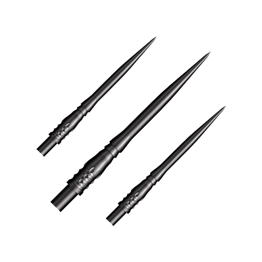 Puntas de dardos Shot Cone Rocket de acero - Negras - 35 mm Das Bild zeigt drei schwarze Steeldart-Spitzen des Modells "Shot Cone Rocket" mit einer Länge von 35 mm. Die Spitzen sind schlank, spitz zulaufend und haben ein filigranes Design.