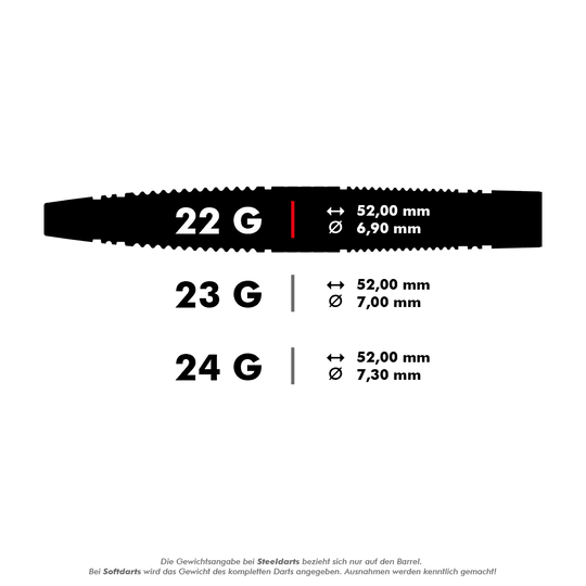 Dardos de acero Target Scope 04 Swiss Point Das Bild zeigt verschiedene Größen von Steeldart-Barrels mit Gewichten von 22 g, 23 g und 24 g. Die Abmessungen in Millimetern für Länge und Durchmesser sind jeweils angegeben.