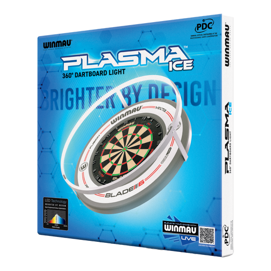 Luz LED para diana Winmau Plasma Ice Die Abbildung zeigt die Verpackung des "Winmau Plasma Ice LED Dartboard Light". Das Produkt bietet eine 360° Beleuchtung für Dartboards.