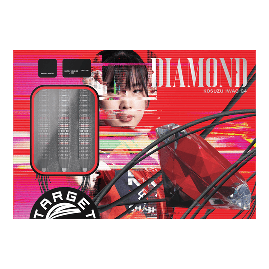 Abgebildet sind die Target Japan Prime Series Diamond Kosuzu Iwao GEN4 Swiss Point Steeldarts. Diese Darts zeichnen sich durch ein elegantes Design und präzise Verarbeitung aus.