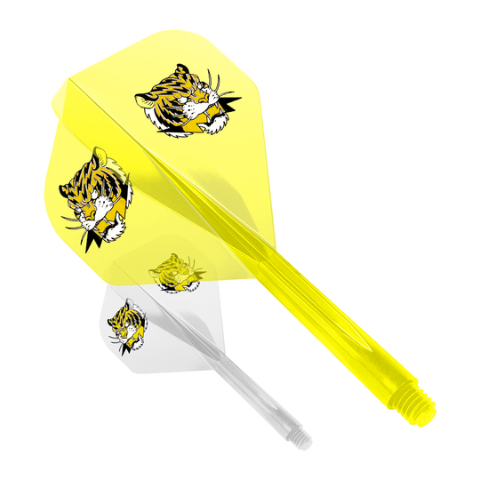 Sistema de vuelo Condor AX Inazuma Tiger Mix Amarillo Claro - Estándar Das Bild zeigt zwei Dart-Flights des Modells "Condor AXE Inazuma Tiger Mix Flight-System" in Gelb und Transparent. Beide Flights sind mit einem Tigerkopf-Motiv bedruckt.
