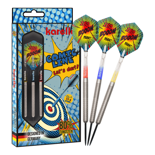 Das Bild zeigt den Karella Comic Line CL-1 Steeldarts - 22g. Es veranschaulicht die vollständige Ansicht des Steeldartpfeils.