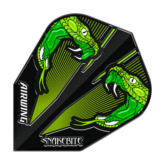 Vuelos del Red Dragon Airwing Peter Wright Green V-Standard Das Bild zeigt einen Dartflight mit zwei grünen Schlangen auf schwarzem Hintergrund. Die Wörter "AIRWING" und "SNAKEBITE" sind auf dem Flight zu sehen.