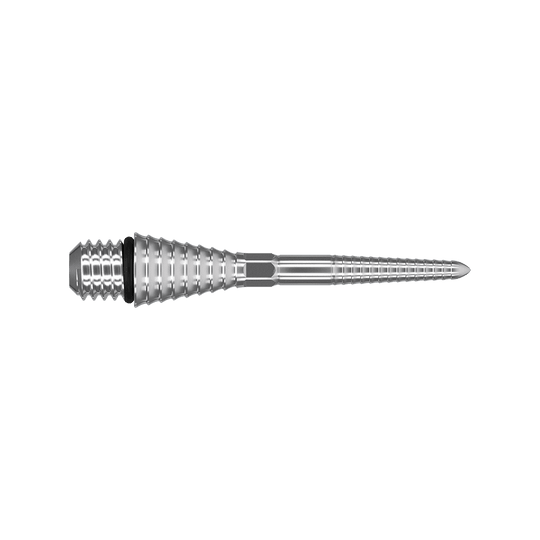 380180_Target_Titanium_Swiss_Point_Grooved_Conversion_Points_Silber_26mm_2 Auf dem Bild ist eine silberne, gerillte Dartspitze aus Metall zu sehen. Sie hat eine konische Form mit feinen Rillen und einem Sechskant am Ende.