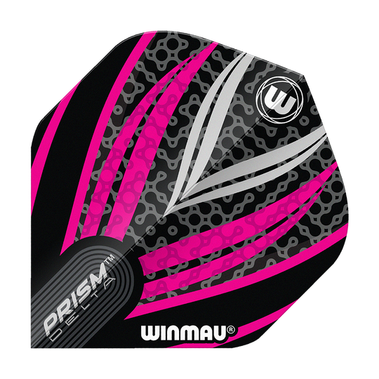 Plumas estándar Winmau Prism Delta n.° 2, color negro, blanco y rosa Das Bild zeigt ein Winmau Prism Delta Dart Flight in den Farben Schwarz, Weiß und Pink. Das Flight hat ein modernes Muster mit Linien und dem Winmau-Logo darauf.