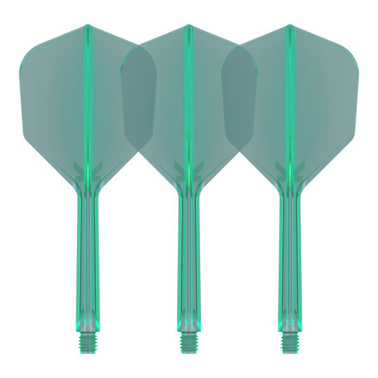 Sistema de vuelo Target K-Flex No6 - Verde Das Bild zeigt drei grüne Dart-Flights mit integrierten Schäften. Sie sind nebeneinander auf weißem Hintergrund angeordnet.