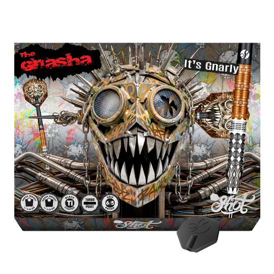 Dardos de acero Shot Gnarly Gnasha Turbo Point - 23 g Zu sehen ist ein weiterer Blickwinkel auf die Shot Gnarly Gnasha Turbo Point Steeldarts mit 23g. Die Darts bieten einen guten Halt und eine optimale Balance.