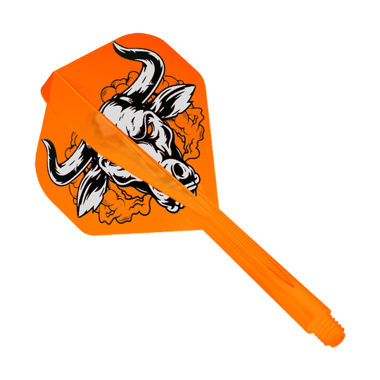 Condor Axe Aussie Bull Orange Sistema de vuelo estándar Auf dem Bild ist ein orangefarbenes Dartflight-System mit einem auffälligen Bullen-Design zu sehen. Das Produkt heißt "Condor Axe Aussie Bull Orange Flight-System Standard".