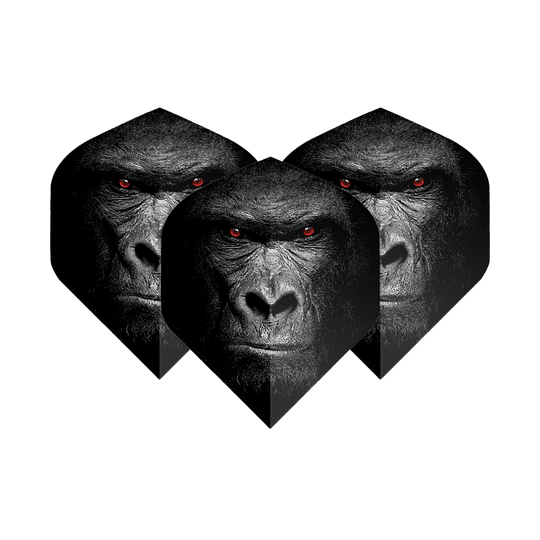 Vuelos de pentatlón Gorila Das Bild zeigt drei Dart-Flights mit dem Gesicht eines Gorillas und leuchtend roten Augen. Die Flights sind das Produkt "Pentathlon Gorilla No2 Standard Flights".