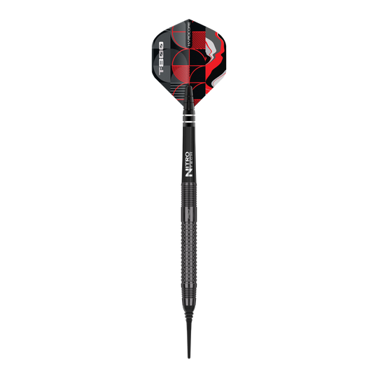 Dardos blandos Red Dragon T-800 - 20 g Das Bild zeigt einen Red Dragon T-800 Softdart mit einem Gewicht von 20g. Der Dart ist schwarz mit roten und weißen Designelementen auf dem Flight.