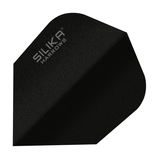 Vuelo negro No6 con revestimiento cristalino resistente sólido de sílice de Harrows Das Bild zeigt einen schwarzen Dartflight mit der Aufschrift "SILIKA HARROWS". Es handelt sich um das Modell "Silika Solid Tough Crystalline Coating Black No6".
