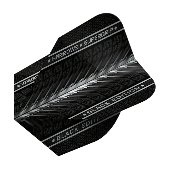 Plumas Harrows Supergrip Black Edition No6 Das Bild zeigt das Produkt "Harrows Supergrip Black-Edition No6 Flights" in schwarzem Design. Auf dem Flight sind die Schriftzüge "HARROWS • SUPERGRIP" und "BLACK EDITION" zu sehen.