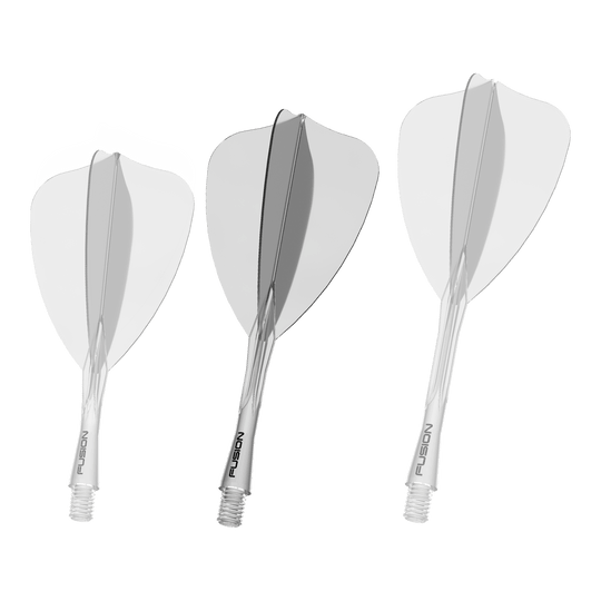 Sistema de eje de vuelo Winmau Fusion Arrow Clear Abgebildet ist ein weiteres Dartzubehör, wie ein Shaft oder Flight. Der Dateiname beschreibt das Produkt als 'Winmau Fusion Flight Shaft System Arrow Clear 28mm 2'.