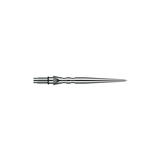 Das Bild zeigt silberfarbene Steeldartspitzen mit Rillen, vermutlich 'Switch Point Groove Silver Effect' und 26mm lang. Die Spitzen sind für Steeldarts vorgesehen.
