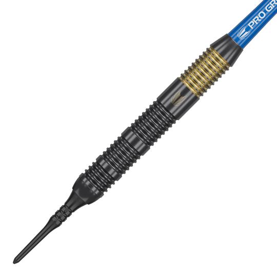 Dardos blandos Target Josh Rock Brass - 18 g Das Bild zeigt einen Target Josh Rock Brass Softdart mit einem Gewicht von 18 Gramm. Der Dart hat einen schwarz-goldenen, gerillten Griff und eine blaue Flight-Halterung.