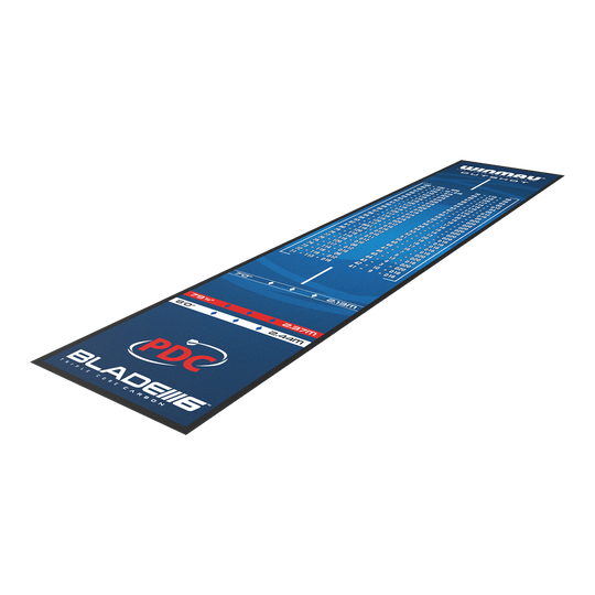 Tapete de dardos Winmau Outshot Die Abbildung zeigt die Winmau Outshot Dartmatte 2024. Die Matte ist mit Abwurflinien und einer Outshot-Tabelle bedruckt.