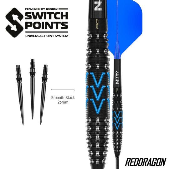 Hier sieht man die Red Dragon AMP Torpedo Switch Point Steeldarts. Diese Darts sind für präzises Werfen entwickelt worden.