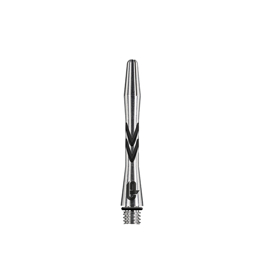 C648_Red_Dragon_Gerwyn_Price_V-Groove_Aluminium_Shafts_Black_36mm_1tqhsCSeZLo6e4 Das Bild zeigt einen Red Dragon Gerwyn Price V-Groove Black Aluminium Shaft mit einer Länge von 36 mm. Der Schaft ist silberfarben mit schwarzen V-förmigen Rillen.