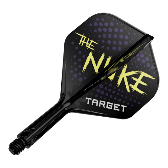Sistema de vuelo estándar Target K-Flex Luke Littler Black No2 Auf dem Bild ist ein schwarzes Dart-Flight mit dem Schriftzug "THE NUKE" und "TARGET" zu sehen. Das Design zeigt außerdem lila Punkte im Hintergrund.