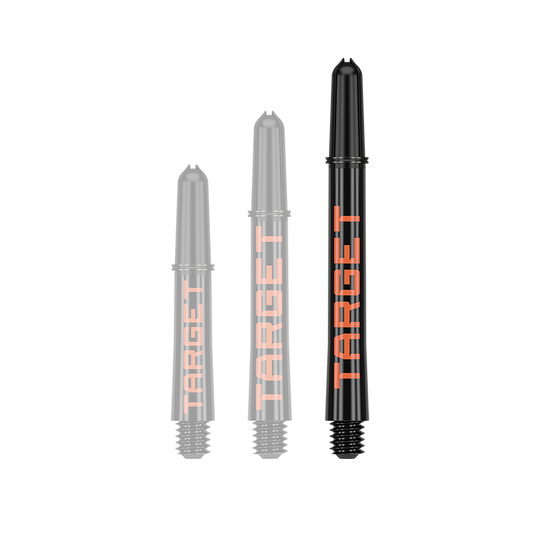 Varillas Target Pro Grip TAG - 3 juegos - Negro Naranja Das Bild zeigt drei schwarze Dartschäfte in verschiedenen Längen mit orangefarbener Schrift. Auf jedem Schaft steht das Wort "TARGET".