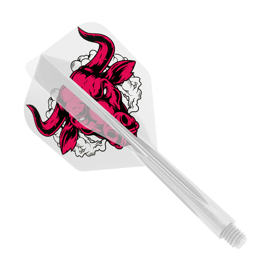 Condor Axe Aussie Bull Clear Sistema de vuelo pequeño Das Bild zeigt einen klaren Dart-Flight mit einem roten Stierkopf-Design. Es handelt sich um das Produkt „Condor Axe Aussie Bull Clear Flight-System Small“.