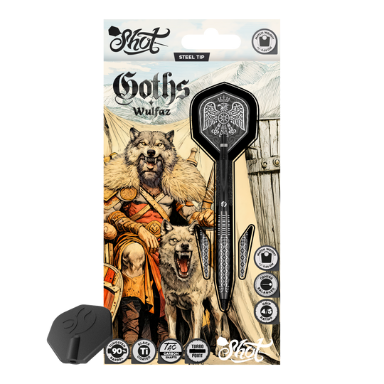 Dardos de acero Shot Goths Wulfaz Turbo Point - 23 g Das Bild zeigt die Shot Goths Wulfaz Turbo Point Steeldarts mit 23 Gramm. Diese Pfeile sind für das Steeldartspiel konzipiert.