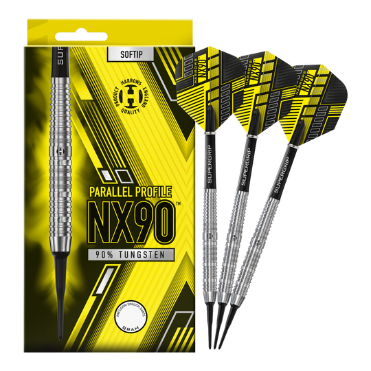 Dardos blandos paralelos Harrows NX90 Das Bild zeigt eine Packung der Harrows NX90 Parallel Softdarts mit gelb-schwarzem Design. Daneben liegen drei silberne Softdarts mit schwarzen und gelben Flights.